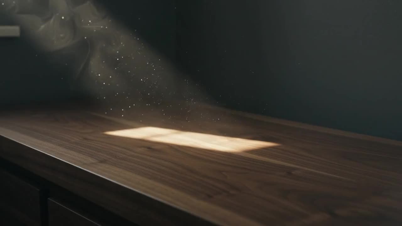 Rai de lumière traversant la poussière au-dessus d’un plan de bois